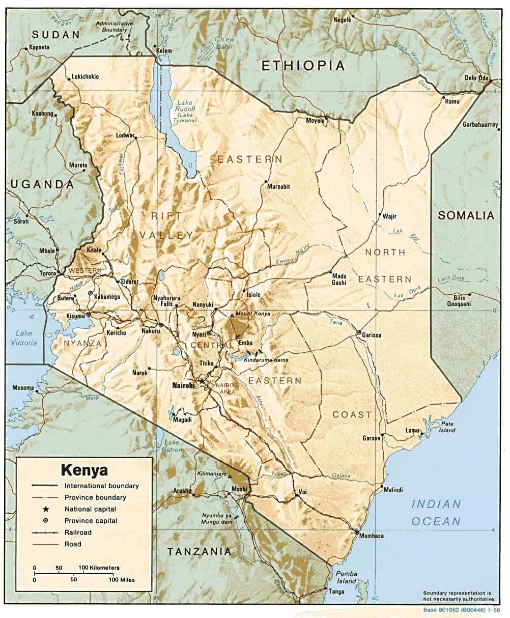 mappa del Kenya mostrando grandi città